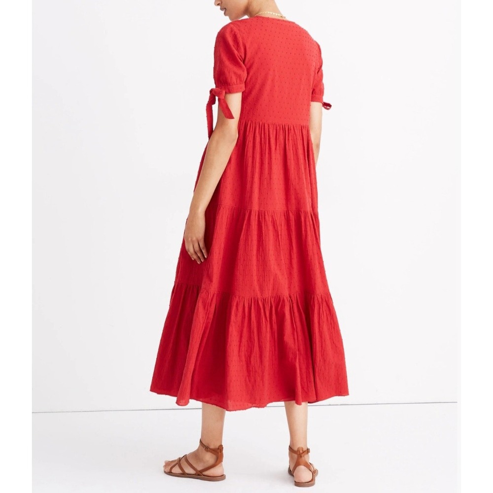 Madewell Red Swiss Dot Tiered Midi‎ Dress Tie Sleeve XS Cotton Keyhole Lined - Picture 2 of 8